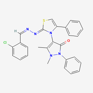 molecular formula C27H22ClN5OS B2796059 4-((Z)-2-((Z)-(2-chlorobenzylidene)hydrazono)-4-phenylthiazol-3(2H)-yl)-1,5-dimethyl-2-phenyl-1H-pyrazol-3(2H)-one CAS No. 402946-49-0