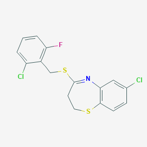 molecular formula C16H12Cl2FNS2 B2796064 7-Chloro-4-[(2-chloro-6-fluorobenzyl)sulfanyl]-2,3-dihydro-1,5-benzothiazepine CAS No. 477860-34-7
