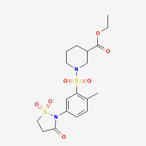 molecular formula C18H24N2O7S2 B2796116 Ethyl 1-((5-(1,1-dioxido-3-oxoisothiazolidin-2-yl)-2-methylphenyl)sulfonyl)piperidine-3-carboxylate CAS No. 1007634-31-2