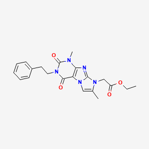 molecular formula C21H23N5O4 B2796160 乙酸乙酯 2-(1,7-二甲基-2,4-二氧代-3-苯乙基-3,4-二氢-1H-咪唑并[2,1-f]嘧啶-8(2H)-基) CAS No. 915928-74-4