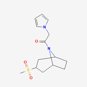 molecular formula C14H20N2O3S B2796208 1-((1R,5S)-3-(methylsulfonyl)-8-azabicyclo[3.2.1]octan-8-yl)-2-(1H-pyrrol-1-yl)ethanone CAS No. 1705483-57-3