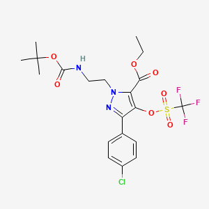 molecular formula C20H23ClF3N3O7S B2796213 Ethyl 1-(2-((tert-butoxycarbonyl)amino)ethyl)-3-(4-chlorophenyl)-4-(((trifluoromethyl)sulfonyl)oxy)-1H-pyrazole-5-carboxylate CAS No. 1956364-75-2
