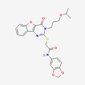 molecular formula C25H25N3O6S B2796371 N-(1,3-benzodioxol-5-yl)-2-({4-oxo-3-[3-(propan-2-yloxy)propyl]-3,4-dihydro[1]benzofuro[3,2-d]pyrimidin-2-yl}sulfanyl)acetamide CAS No. 899742-02-0