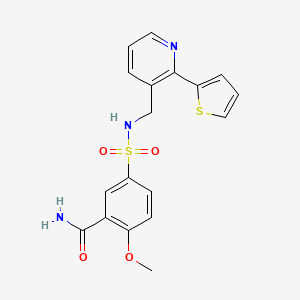 molecular formula C18H17N3O4S2 B2796394 2-甲氧基-5-(N-((2-(噻吩-2-基)吡啶-3-基)甲基)磺酰基)苯甲酰胺 CAS No. 2034207-93-5