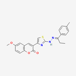 molecular formula C23H21N3O3S B2796426 (E)-6-methoxy-3-(2-(2-(1-(p-tolyl)propylidene)hydrazinyl)thiazol-4-yl)-2H-chromen-2-one CAS No. 681479-46-9