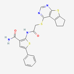 molecular formula C22H18N4O2S3 B2796500 2-(2-((6,7-dihydro-5H-cyclopenta[4,5]thieno[2,3-d]pyrimidin-4-yl)thio)acetamido)-5-phenylthiophene-3-carboxamide CAS No. 868146-21-8