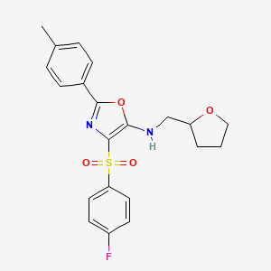 molecular formula C21H21FN2O4S B2796521 4-((4-fluorophenyl)sulfonyl)-N-((tetrahydrofuran-2-yl)methyl)-2-(p-tolyl)oxazol-5-amine CAS No. 862738-68-9