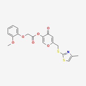 molecular formula C19H17NO6S2 B2796546 6-(((4-methylthiazol-2-yl)thio)methyl)-4-oxo-4H-pyran-3-yl 2-(2-methoxyphenoxy)acetate CAS No. 896305-67-2