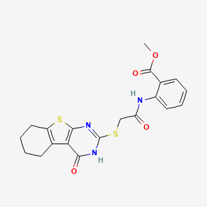 molecular formula C20H19N3O4S2 B2796554 甲基 2-({[(4-羟基-5,6,7,8-四氢[1]苯并噻吩[2,3-d]嘧啶-2-基)硫代]乙酰}氨基)苯甲酸酯 CAS No. 489424-26-2