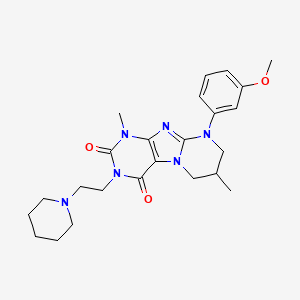 molecular formula C24H32N6O3 B2796573 9-(3-methoxyphenyl)-1,7-dimethyl-3-(2-piperidin-1-ylethyl)-6,7,8,9-tetrahydropyrimido[2,1-f]purine-2,4(1H,3H)-dione CAS No. 843672-52-6