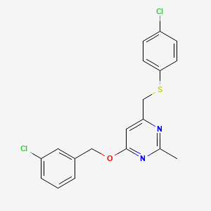 molecular formula C19H16Cl2N2OS B2796610 3-Chlorobenzyl 6-(((4-chlorophenyl)sulfanyl)methyl)-2-methyl-4-pyrimidinyl ether CAS No. 338960-41-1