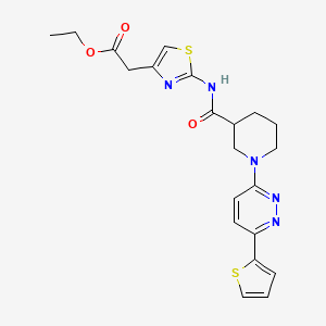 molecular formula C21H23N5O3S2 B2796654 Ethyl 2-(2-(1-(6-(thiophen-2-yl)pyridazin-3-yl)piperidine-3-carboxamido)thiazol-4-yl)acetate CAS No. 1105229-24-0