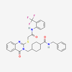molecular formula C32H31F3N4O3S B2796666 N-苄基-4-((4-氧代-2-((2-氧代-2-((2-(三氟甲基)苯基)氨基)乙基)硫)喹唑并[3,4-c]吡嗪-3(4H)-基)甲基)环己烷羧酰胺 CAS No. 422292-58-8