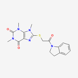 molecular formula C18H19N5O3S B2796694 8-[2-(2,3-Dihydroindol-1-yl)-2-oxoethyl]sulfanyl-1,3,9-trimethylpurine-2,6-dione CAS No. 897453-78-0
