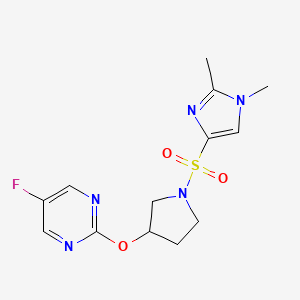 molecular formula C13H16FN5O3S B2796705 2-((1-((1,2-二甲基-1H-咪唑-4-基)磺酰)吡咋-3-基氧基)-5-氟嘧啶 CAS No. 2034296-77-8