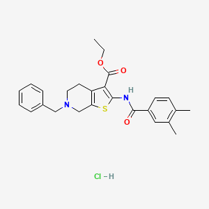 molecular formula C26H29ClN2O3S B2796736 Ethyl 6-benzyl-2-(3,4-dimethylbenzamido)-4,5,6,7-tetrahydrothieno[2,3-c]pyridine-3-carboxylate hydrochloride CAS No. 1216391-33-1