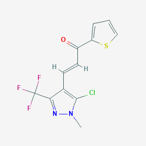 molecular formula C12H8ClF3N2OS B2796774 (E)-3-[5-chloro-1-methyl-3-(trifluoromethyl)pyrazol-4-yl]-1-thiophen-2-ylprop-2-en-1-one CAS No. 956376-49-1