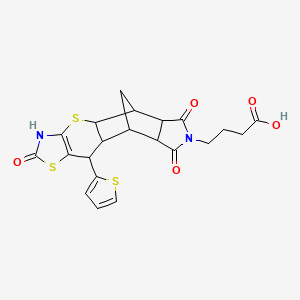 molecular formula C21H20N2O5S3 B2796794 4-((4aR,5R,5aR,8aR,9S)-2,6,8-三氧代-10-(噻吩-2-基)-2,3,4a,5,5a,6,8a,9,9a,10-十氢-5,9-甲基硫代噻唑并[5',4':5,6]噻喃[2,3-f]异喹啉-7(8H)-基)丁酸 CAS No. 1212251-66-5