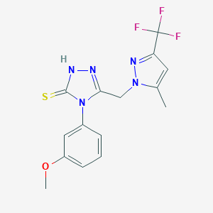 molecular formula C15H14F3N5OS B279681 4-(3-methoxyphenyl)-5-{[5-methyl-3-(trifluoromethyl)-1H-pyrazol-1-yl]methyl}-4H-1,2,4-triazol-3-yl hydrosulfide 
