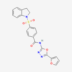 molecular formula C21H16N4O5S B2796824 N-(5-(furan-2-yl)-1,3,4-oxadiazol-2-yl)-4-(indolin-1-ylsulfonyl)benzamide CAS No. 851095-62-0