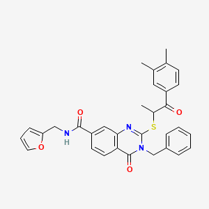 molecular formula C32H29N3O4S B2796826 3-苄基-2-{[1-(3,4-二甲基苯基)-1-氧代丙酰基]硫代}-N-[(呋喃-2-基)甲基]-4-氧代-3,4-二氢喹唑啉-7-羧酰胺 CAS No. 1113132-92-5