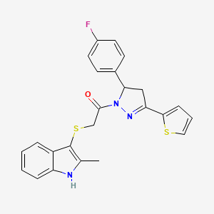 molecular formula C24H20FN3OS2 B2796830 1-[3-(4-fluorophenyl)-5-thiophen-2-yl-3,4-dihydropyrazol-2-yl]-2-[(2-methyl-1H-indol-3-yl)sulfanyl]ethanone CAS No. 536702-16-6