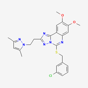 molecular formula C25H25ClN6O2S B2796876 5-((3-chlorobenzyl)thio)-2-(2-(3,5-dimethyl-1H-pyrazol-1-yl)ethyl)-8,9-dimethoxy-[1,2,4]triazolo[1,5-c]quinazoline CAS No. 959538-04-6