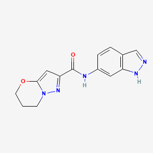 molecular formula C14H13N5O2 B2796939 N-(1H-吲哚-6-基)-6,7-二氢-5H-吡唑啉[5,1-b][1,3]噁嗪-2-羧酰胺 CAS No. 1421469-30-8