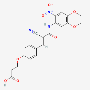 molecular formula C21H17N3O8 B2796949 3-[4-[(E)-2-cyano-3-[(6-nitro-2,3-dihydro-1,4-benzodioxin-7-yl)amino]-3-oxoprop-1-enyl]phenoxy]propanoic acid CAS No. 1147736-73-9