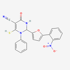 molecular formula C21H14N4O4S B2796952 2-[5-(2-Nitrophenyl)furan-2-yl]-4-oxo-1-phenyl-6-sulfanyl-1,2,3,4-tetrahydropyrimidine-5-carbonitrile CAS No. 489400-08-0