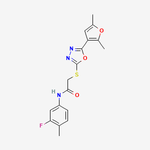 molecular formula C17H16FN3O3S B2796979 2-((5-(2,5-二甲基呋喃-3-基)-1,3,4-噁二唑-2-基)硫代)-N-(3-氟-4-甲基苯基)乙酰胺 CAS No. 1021092-09-0