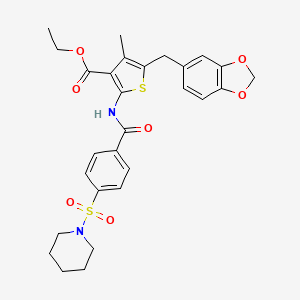 molecular formula C28H30N2O7S2 B2797007 Ethyl 5-(benzo[d][1,3]dioxol-5-ylmethyl)-4-methyl-2-(4-(piperidin-1-ylsulfonyl)benzamido)thiophene-3-carboxylate CAS No. 476365-38-5
