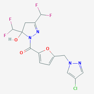 molecular formula C14H11ClF4N4O3 B279701 [3,5-bis(difluoromethyl)-5-hydroxy-4,5-dihydro-1H-pyrazol-1-yl]{5-[(4-chloro-1H-pyrazol-1-yl)methyl]furan-2-yl}methanone 