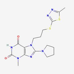 molecular formula C16H21N7O2S2 B2797010 3-甲基-7-[3-[(5-甲基-1,3,4-噻二唑-2-基)硫代]丙基]-8-吡咯啉-1-基嘌呤-2,6-二酮 CAS No. 872627-76-4