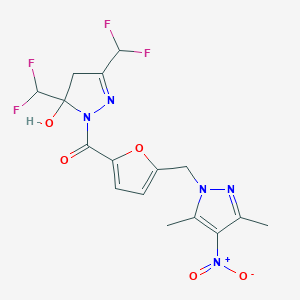 molecular formula C16H15F4N5O5 B279708 3,5-bis(difluoromethyl)-1-[5-({4-nitro-3,5-dimethyl-1H-pyrazol-1-yl}methyl)-2-furoyl]-4,5-dihydro-1H-pyrazol-5-ol 