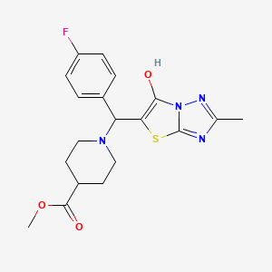 molecular formula C19H21FN4O3S B2797098 Methyl 1-((4-fluorophenyl)(6-hydroxy-2-methylthiazolo[3,2-b][1,2,4]triazol-5-yl)methyl)piperidine-4-carboxylate CAS No. 851810-65-6