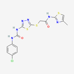 molecular formula C15H13ClN6O2S3 B2797108 2-((5-(3-(4-chlorophenyl)ureido)-1,3,4-thiadiazol-2-yl)thio)-N-(4-methylthiazol-2-yl)acetamide CAS No. 922624-58-6