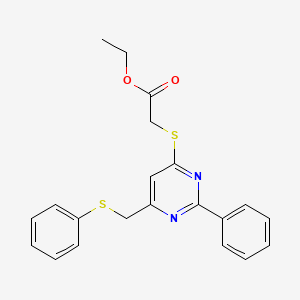 molecular formula C21H20N2O2S2 B2797109 乙酸2-({2-苯基-6-[(苯基硫基)甲基]-4-嘧啶基}硫基)酯 CAS No. 303147-67-3