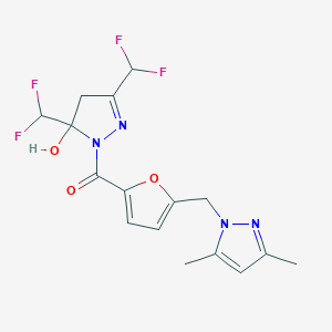molecular formula C16H16F4N4O3 B279716 [3,5-bis(difluoromethyl)-5-hydroxy-4,5-dihydro-1H-pyrazol-1-yl]{5-[(3,5-dimethyl-1H-pyrazol-1-yl)methyl]furan-2-yl}methanone 
