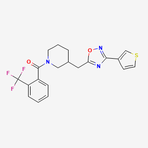 molecular formula C20H18F3N3O2S B2797187 (3-((3-(Thiophen-3-yl)-1,2,4-oxadiazol-5-yl)methyl)piperidin-1-yl)(2-(trifluoromethyl)phenyl)methanone CAS No. 1795304-36-7