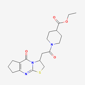 molecular formula C19H25N3O4S B2797203 Ethyl 1-(2-(5-oxo-2,3,5,6,7,8-hexahydrocyclopenta[d]thiazolo[3,2-a]pyrimidin-3-yl)acetyl)piperidine-4-carboxylate CAS No. 1021265-23-5