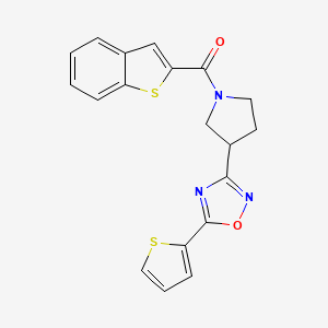 molecular formula C19H15N3O2S2 B2797217 Benzo[b]thiophen-2-yl(3-(5-(thiophen-2-yl)-1,2,4-oxadiazol-3-yl)pyrrolidin-1-yl)methanone CAS No. 2034370-61-9