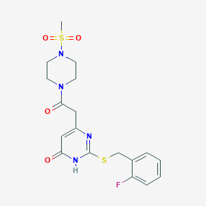 molecular formula C18H21FN4O4S2 B2797321 2-((2-fluorobenzyl)thio)-6-(2-(4-(methylsulfonyl)piperazin-1-yl)-2-oxoethyl)pyrimidin-4(3H)-one CAS No. 1105213-75-9