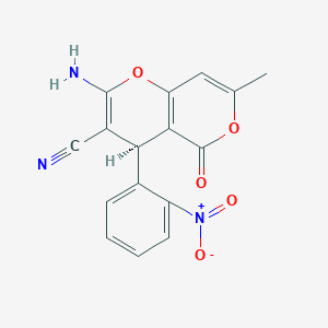 molecular formula C16H11N3O5 B2797329 (4S)-2-amino-7-methyl-4-(2-nitrophenyl)-5-oxo-4H,5H-pyrano[4,3-b]pyran-3-carbonitrile CAS No. 293751-78-7