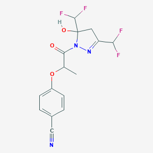 molecular formula C15H13F4N3O3 B279734 4-({1-[3,5-bis(difluoromethyl)-5-hydroxy-4,5-dihydro-1H-pyrazol-1-yl]-1-oxopropan-2-yl}oxy)benzonitrile 