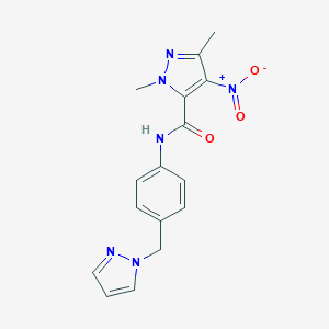 molecular formula C16H16N6O3 B279735 2,5-二甲基-4-硝基-N-[4-(1-吡唑基甲基)苯基]-3-吡唑甲酰胺 