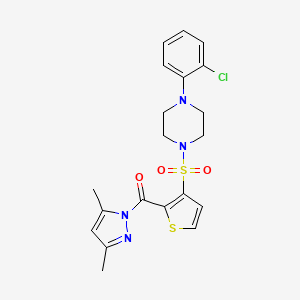 molecular formula C20H21ClN4O3S2 B2797357 (3-{[4-(2-chlorophenyl)piperazin-1-yl]sulfonyl}thiophen-2-yl)(3,5-dimethyl-1H-pyrazol-1-yl)methanone CAS No. 1291487-01-8