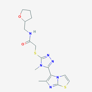 molecular formula C16H20N6O2S2 B2797367 2-((4-甲基-5-(6-甲基咪唑并[2,1-b]噻唑-5-基)-4H-1,2,4-三唑-3-基)硫)-N-((四氢呋喃-2-基)甲基)乙酰胺 CAS No. 1105214-45-6