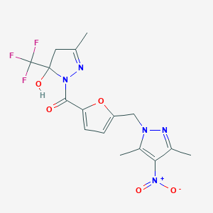 molecular formula C16H16F3N5O5 B279737 [5-[(3,5-二甲基-4-硝基-1-吡唑基)甲基]-2-呋喃基]-[5-羟基-3-甲基-5-(三氟甲基)-4H-吡唑-1-基]甲酮 
