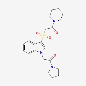 molecular formula C21H27N3O4S B2797384 2-(3-((2-氧代-2-(哌啶-1-基)乙基)磺酰)-1H-吲哚-1-基)-1-(吡咯烷-1-基)乙酮 CAS No. 878055-62-0